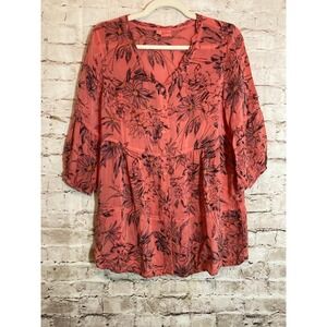 Tianello Lizette Blouse XS Crinkled Rayon Grapefruit Babydoll Floral Artsy Sheer